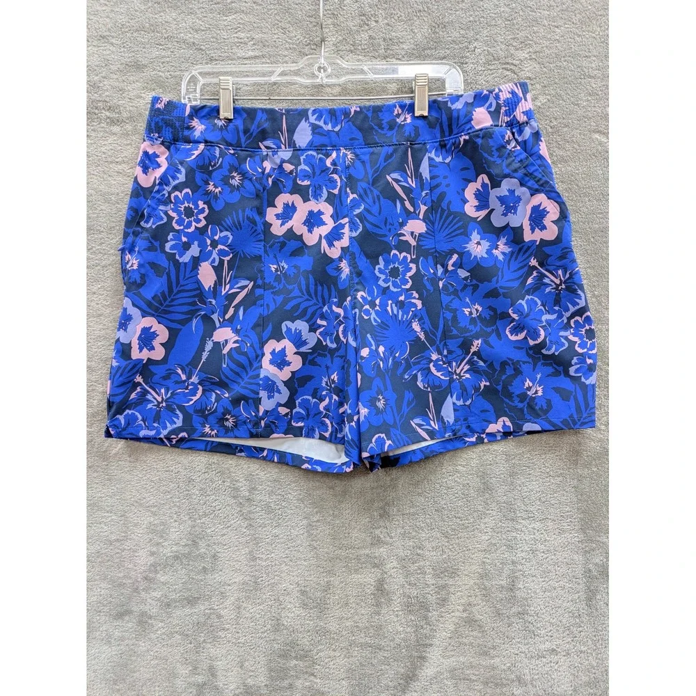 Tropical Floral PFG Fishing Shorts Womens Large Blue Hibiscus Performance Pocket